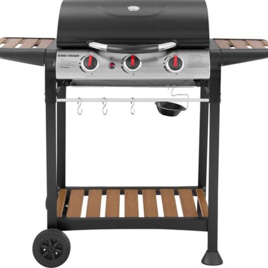 GEORGE FOREMAN GFGBBQ3BW 3 Burner Grill Gas BBQ - Black & Wood Effect